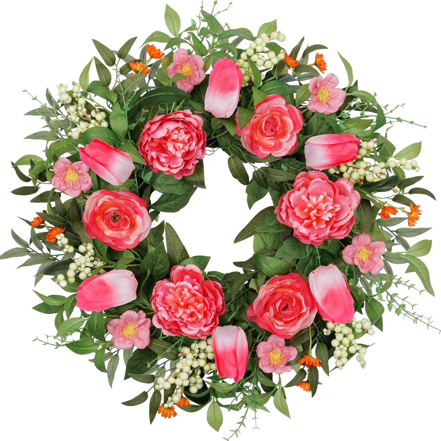 24" Peony Wreath with Pink Tulip, Eucalyptus Leaves