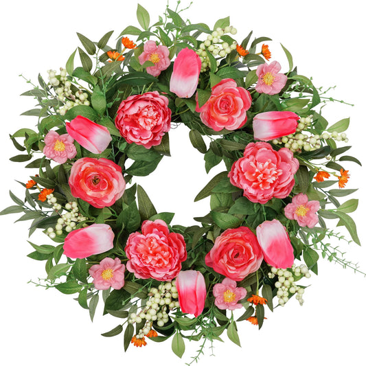 24" Peony Wreath with Pink Tulip, Eucalyptus Leaves