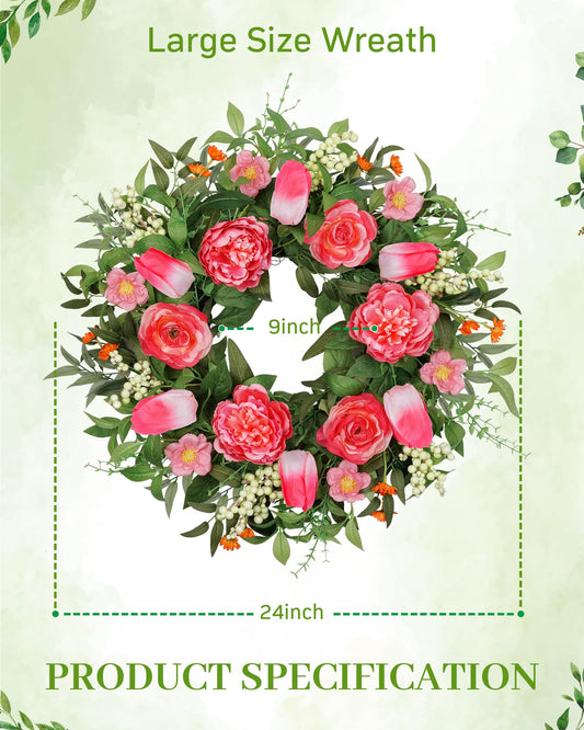 24" Peony Wreath with Pink Tulip, Eucalyptus Leaves
