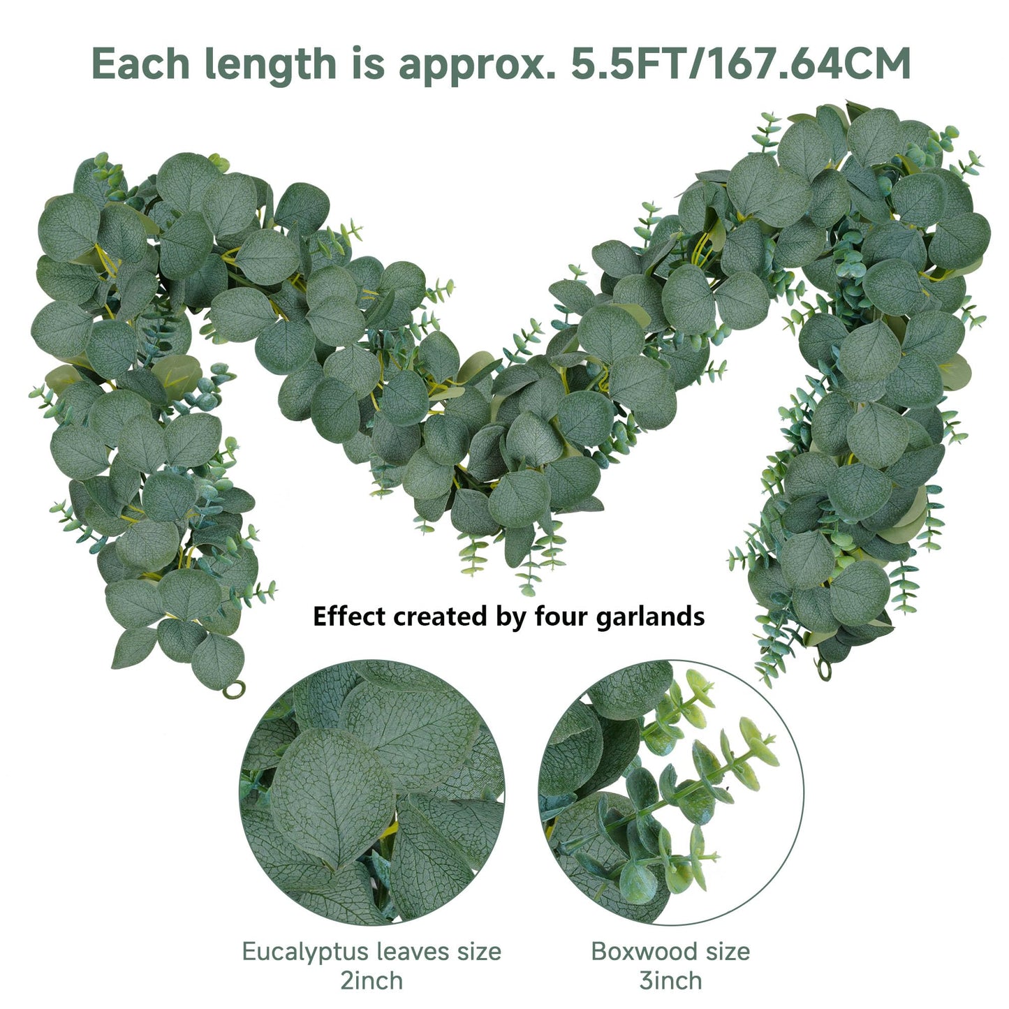 (2 Pack) 5.5 ft Faux Boxwood Eucalyptus Leaves Greenery Garland
