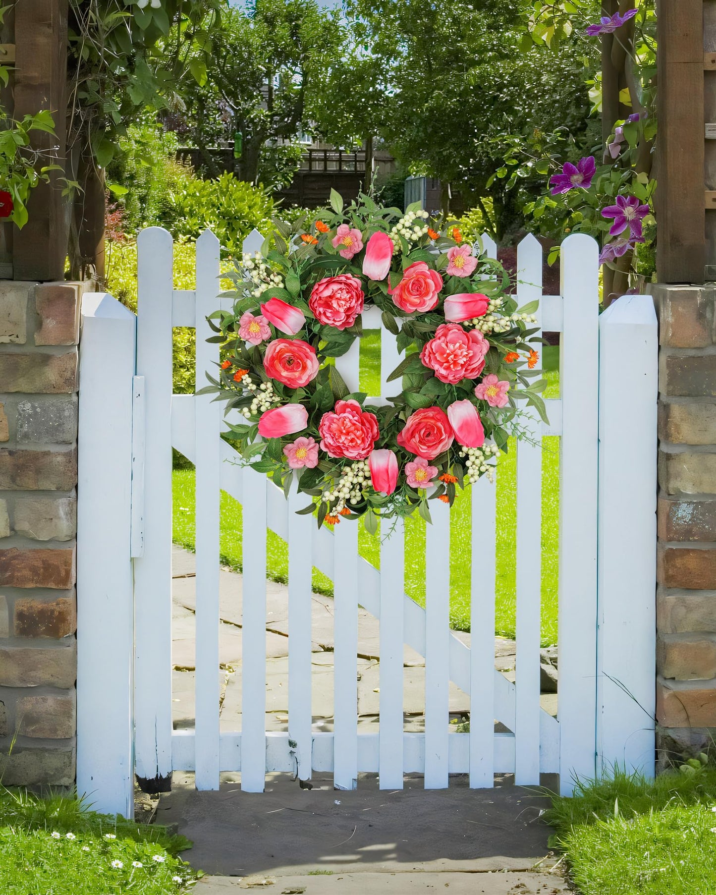 24" Peony Wreath with Pink Tulip, Eucalyptus Leaves