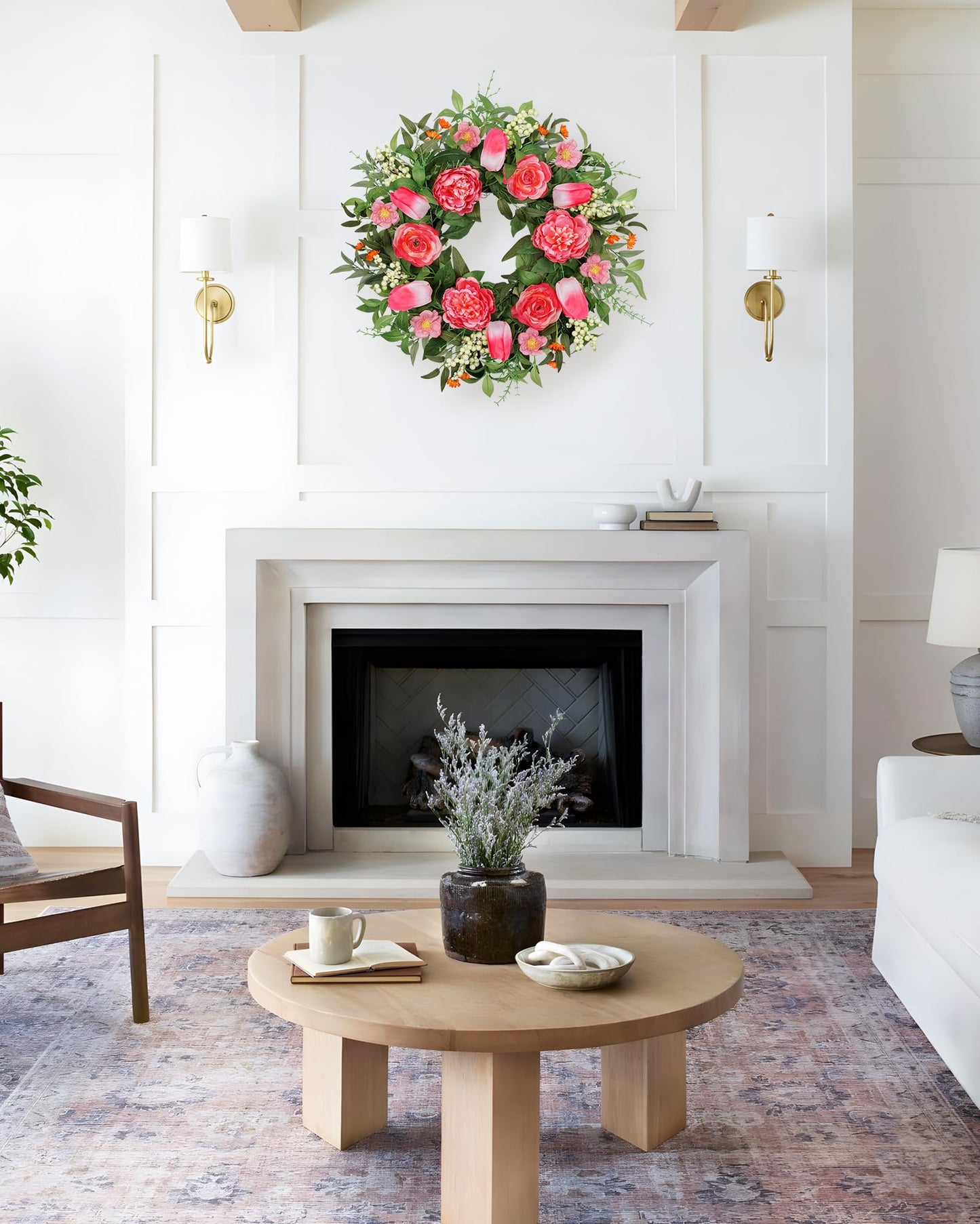 24" Peony Wreath with Pink Tulip, Eucalyptus Leaves